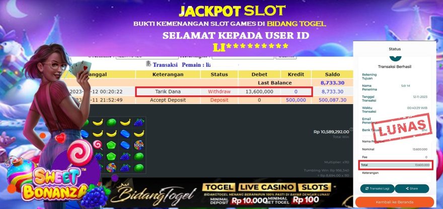 Bukti JP Bidangtogel Menang Slot Bonanza